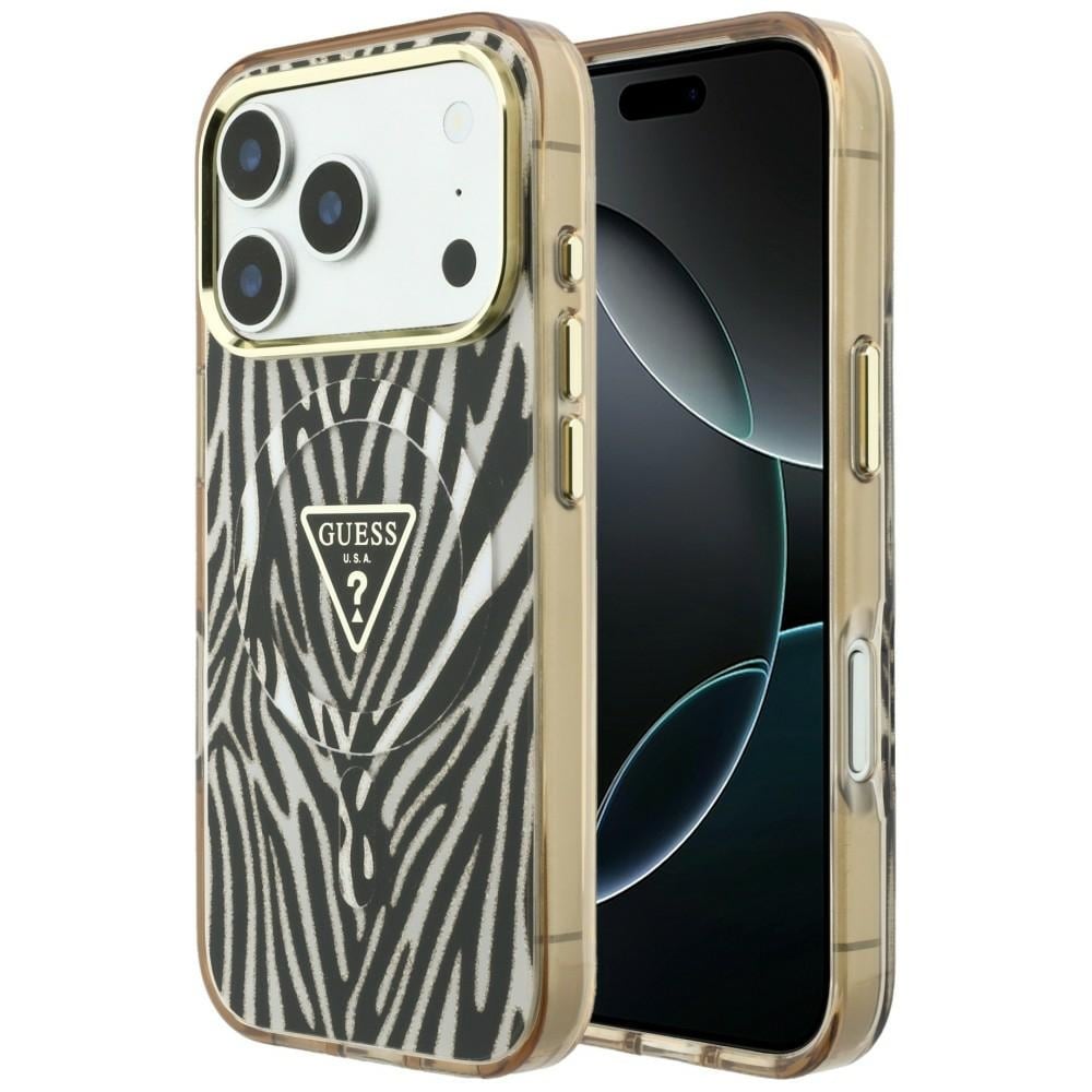 Guess IML Zebra Glitter Triangle Logo MagSafe iPhone 17 Pro / 18 Pro-etui – gull