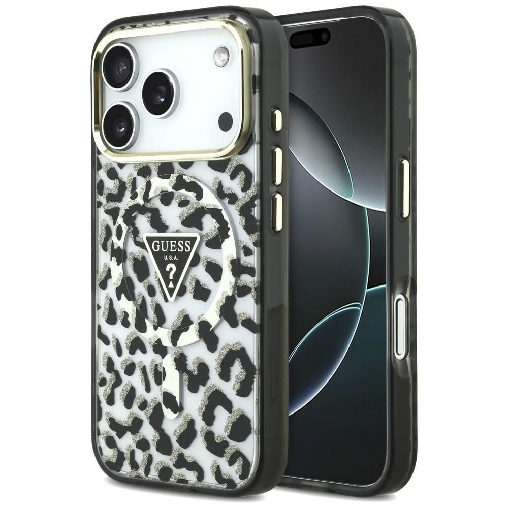 Guess IML Leopard Glitter Triangle Logo MagSafe-etui til iPhone 17 Pro / 18 Pro – svart