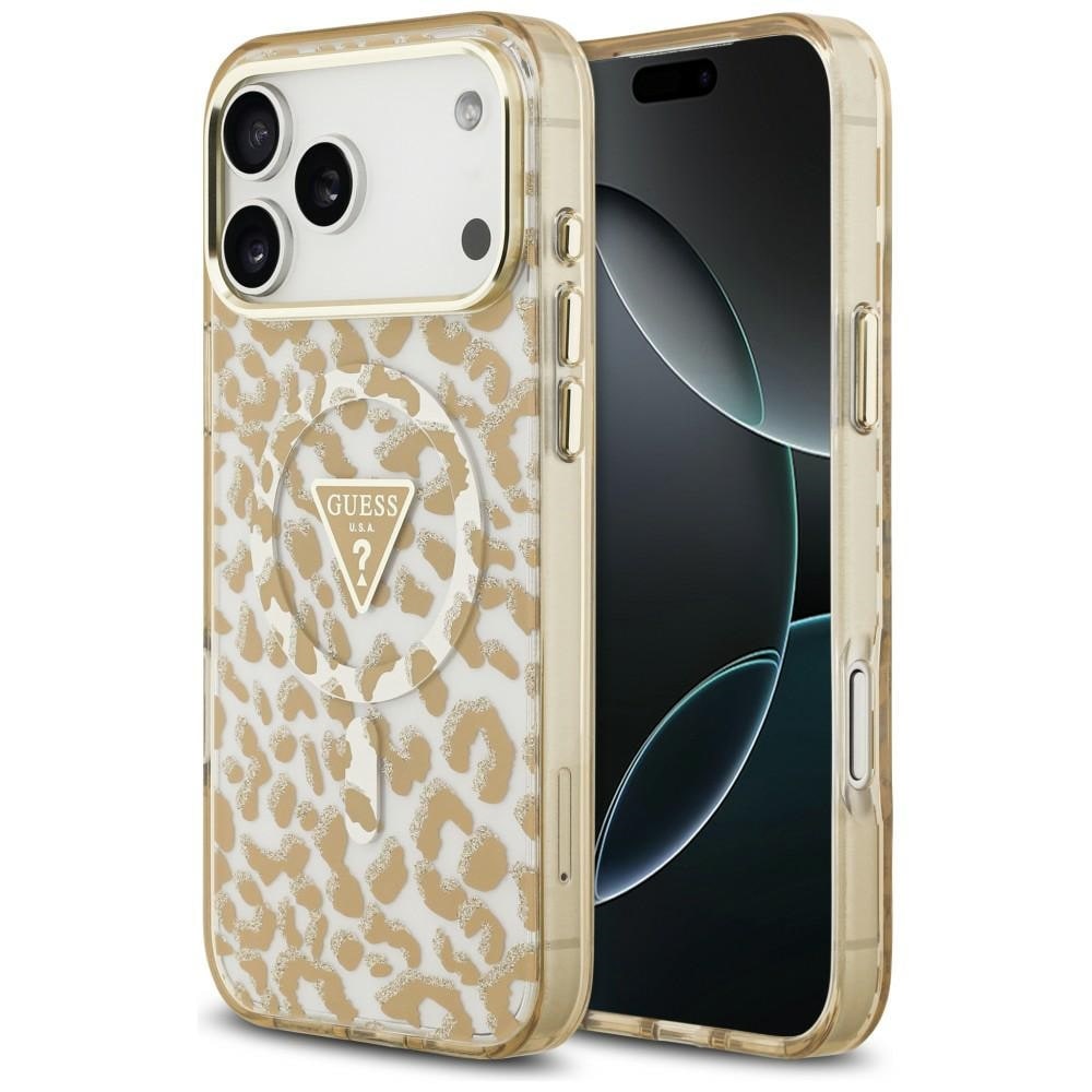Guess IML Leopard Glitter Triangle Logo MagSafe-etui til iPhone 17 Pro / 18 Pro – Brun