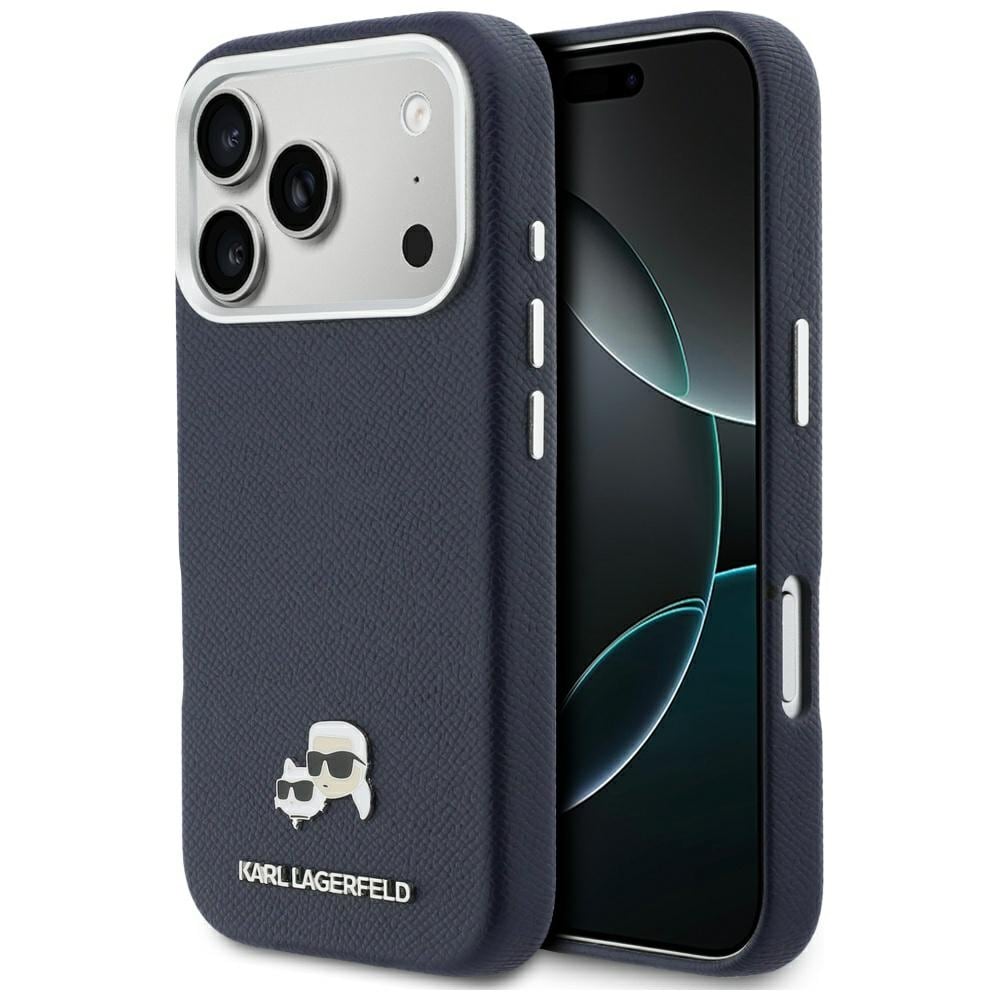 Karl Lagerfeld Karl & Choupette-nål med hoder, Saffiano MagSafe-etui til iPhone 17 Pro Max – blå