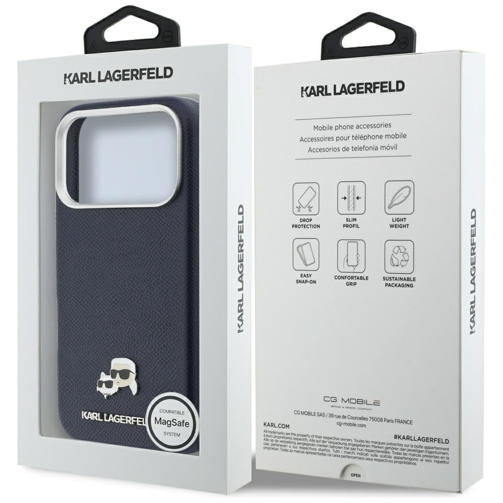 Karl Lagerfeld Karl & Choupette-nål med hoder, Saffiano MagSafe-etui til iPhone 17 Pro Max – blå