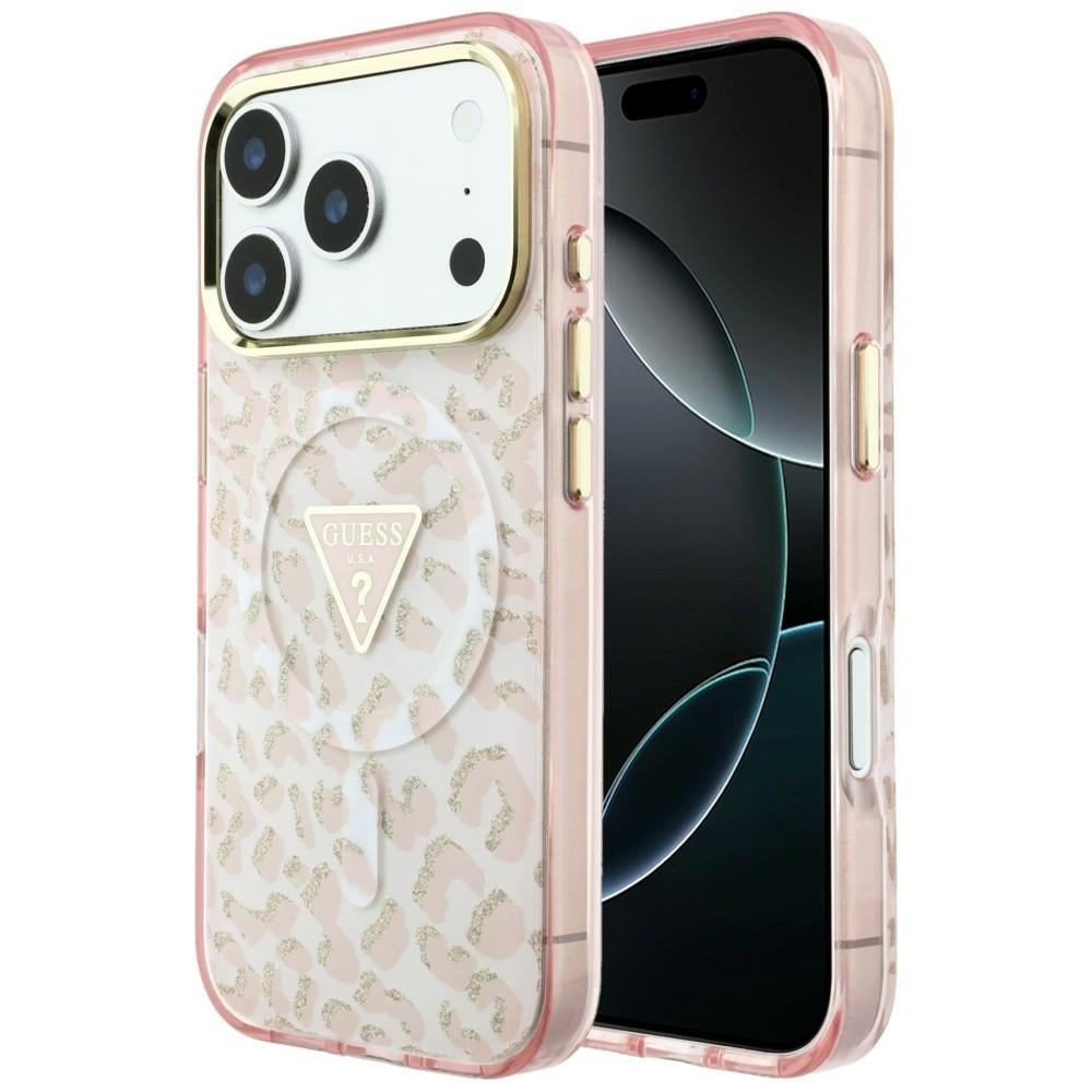 Guess IML Leopard Glitter Triangle Logo MagSafe-etui til iPhone 17 Pro / 18 Pro – Rosa