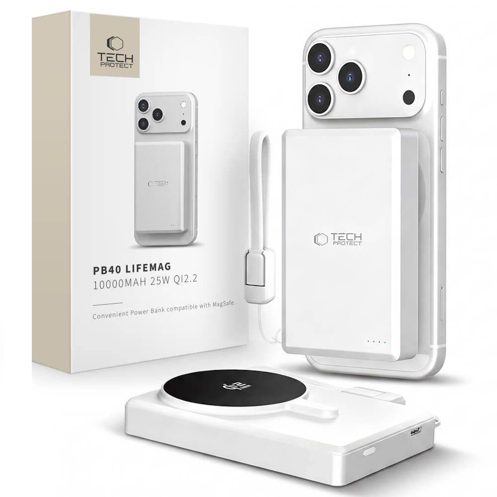 TECH-PROTECT PB40 LIFEMAG MAGSAFE POWERBANK 10 000 mAh 25 W QI 2.2 HVIT/SØLV