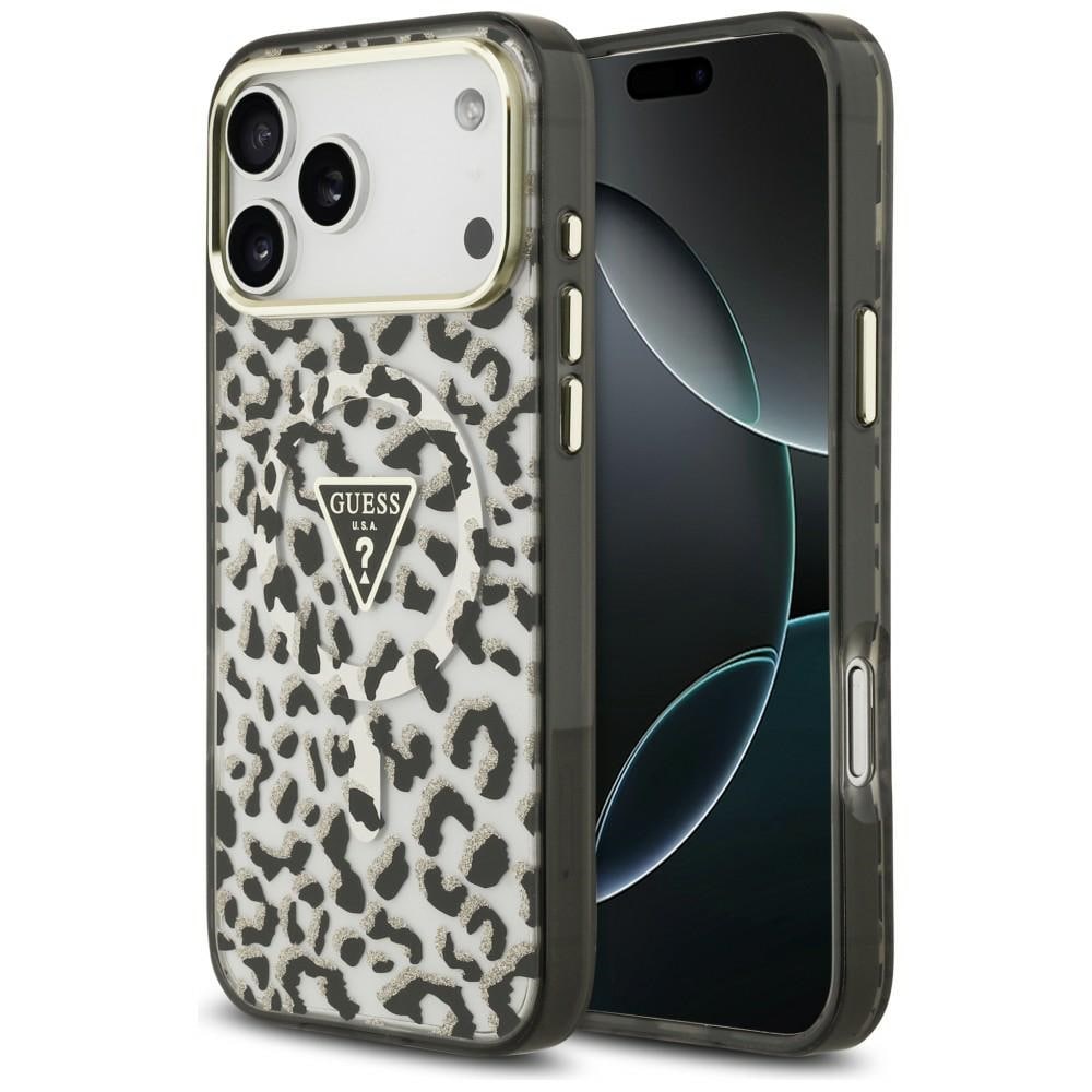 Guess IML Leopard Glitter Triangle Logo MagSafe-etui til iPhone 17 Pro Max / 18 Pro Max – svart