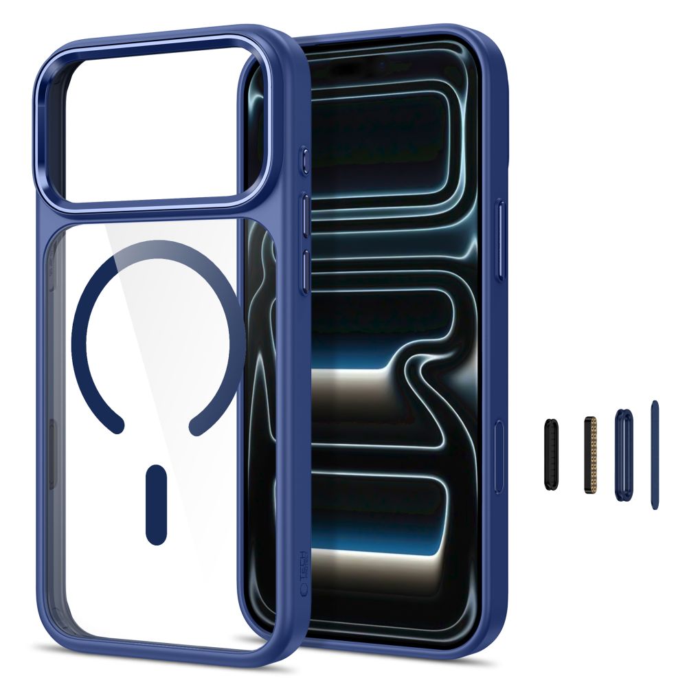 Tech-Protect Magmat Magsafe CC-etui til iPhone 17 Pro / 18 Pro – marineblått og gjennomsiktig