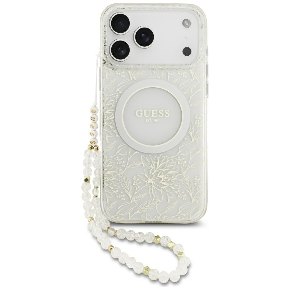 Guess IML-etui m/ blomstermønster, galvanisert perlemorsrem og MagSafe, iPhone 18/17 Pro Max – hvit