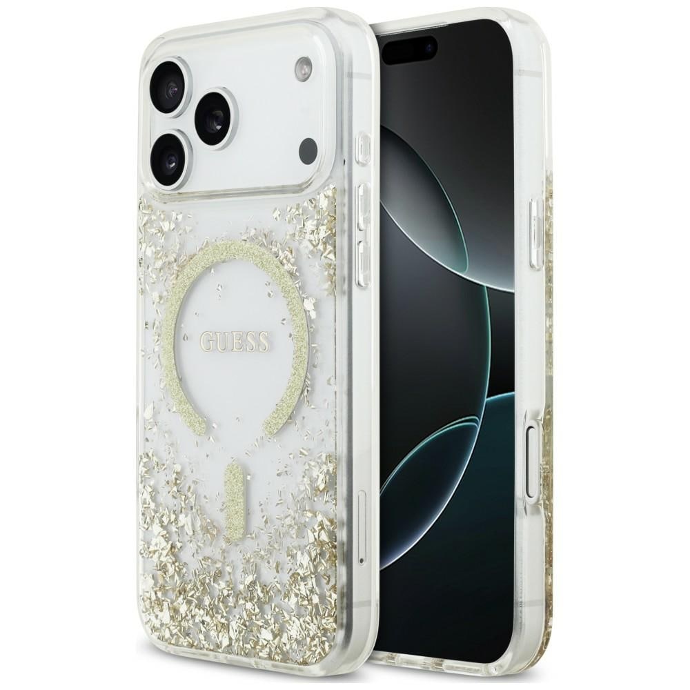 Guess MagSafe-etui med glitter og resin-bunn til iPhone 18 Pro Max / 17 Pro Max – Gull