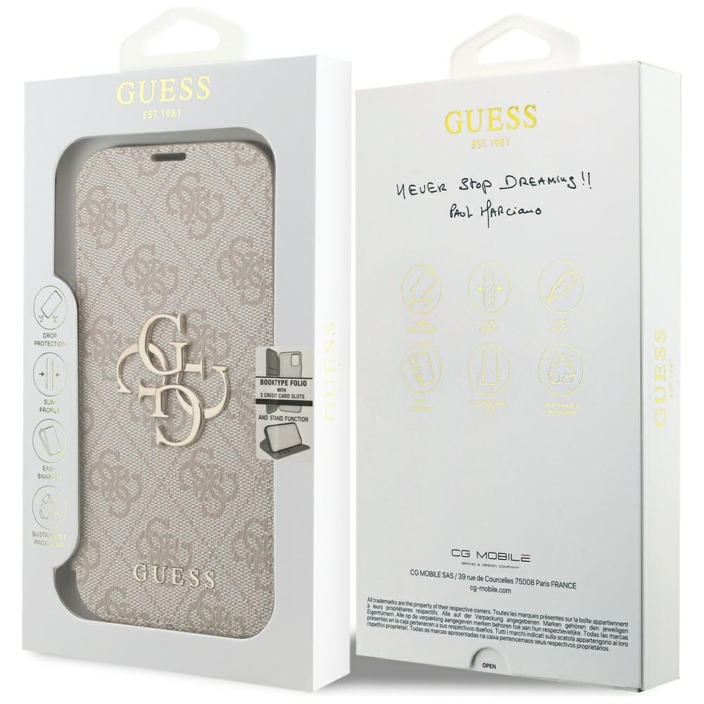 Guess Book 4G metall-logodesignet etui til iPhone 18 Pro / 17 Pro – rosa