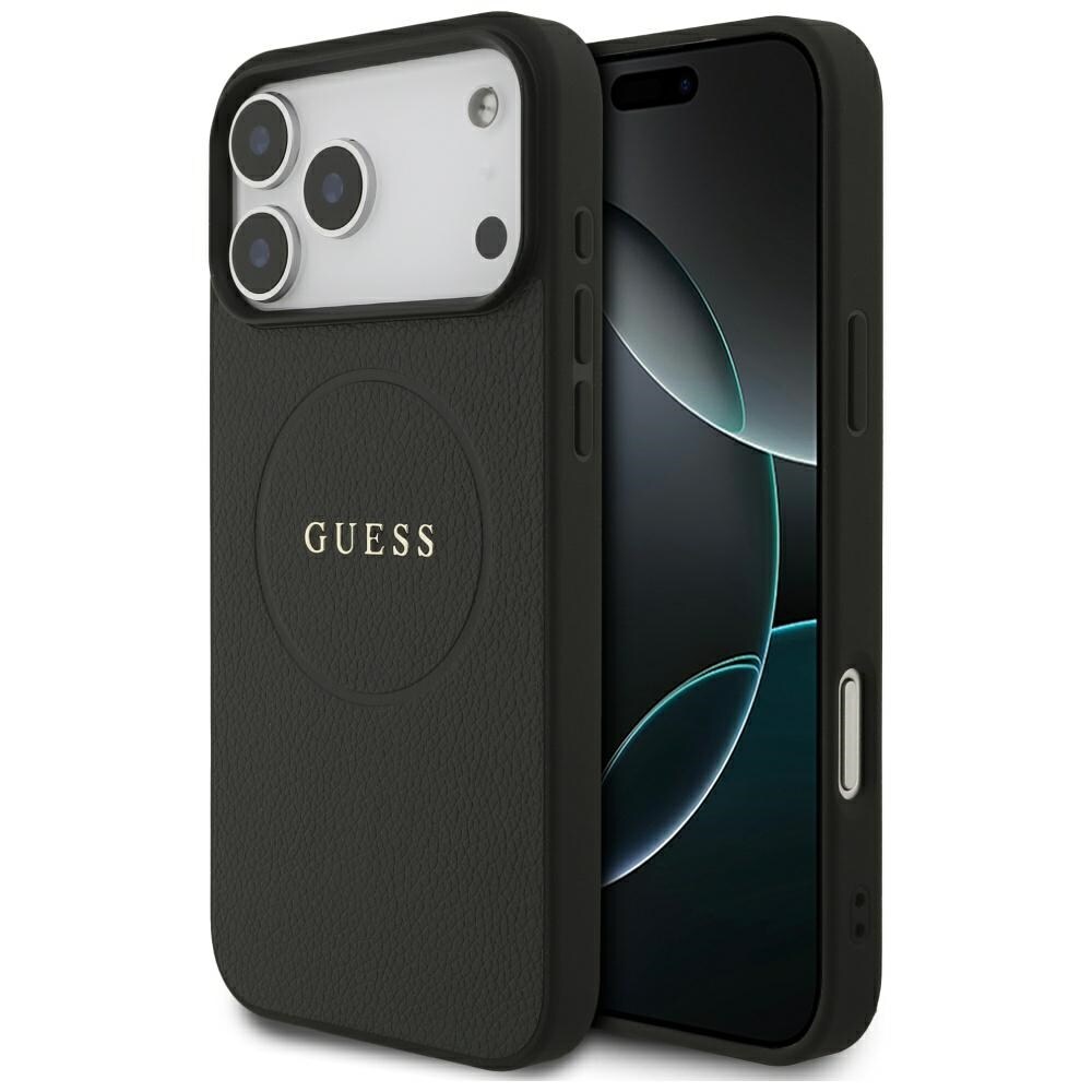 Guess MagSafe-etui med gullring i kornet struktur til iPhone 18 Pro Max / 17 Pro Max – svart