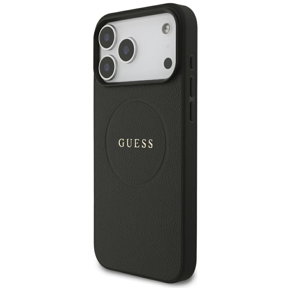 Guess MagSafe-etui med gullring i kornet struktur til iPhone 18 Pro Max / 17 Pro Max – svart