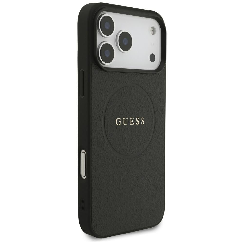 Guess MagSafe-etui med gullring i kornet struktur til iPhone 18 Pro Max / 17 Pro Max – svart