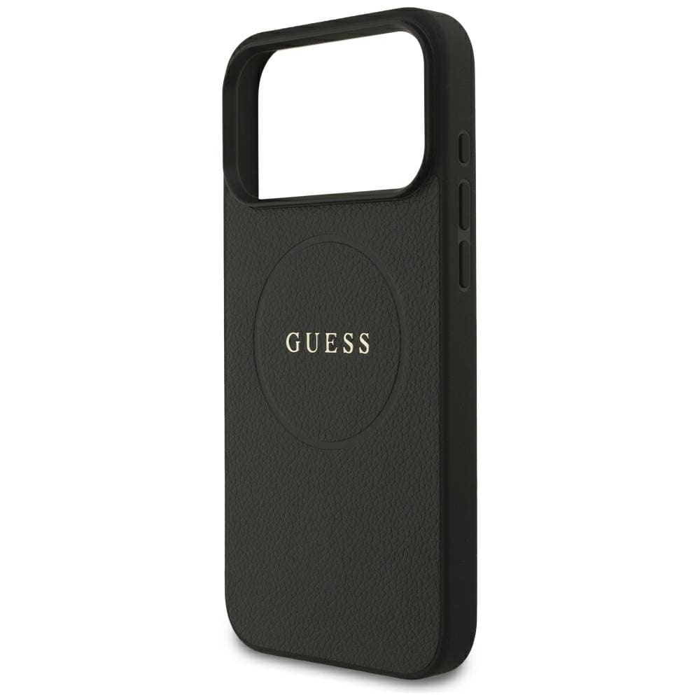 Guess MagSafe-etui med gullring i kornet struktur til iPhone 18 Pro Max / 17 Pro Max – svart