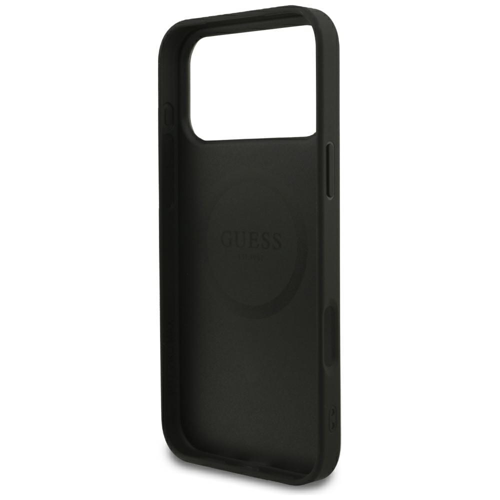 Guess MagSafe-etui med gullring i kornet struktur til iPhone 18 Pro Max / 17 Pro Max – svart