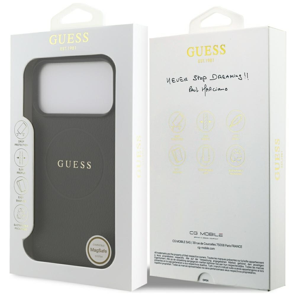 Guess MagSafe-etui med gullring i kornet struktur til iPhone 18 Pro Max / 17 Pro Max – svart