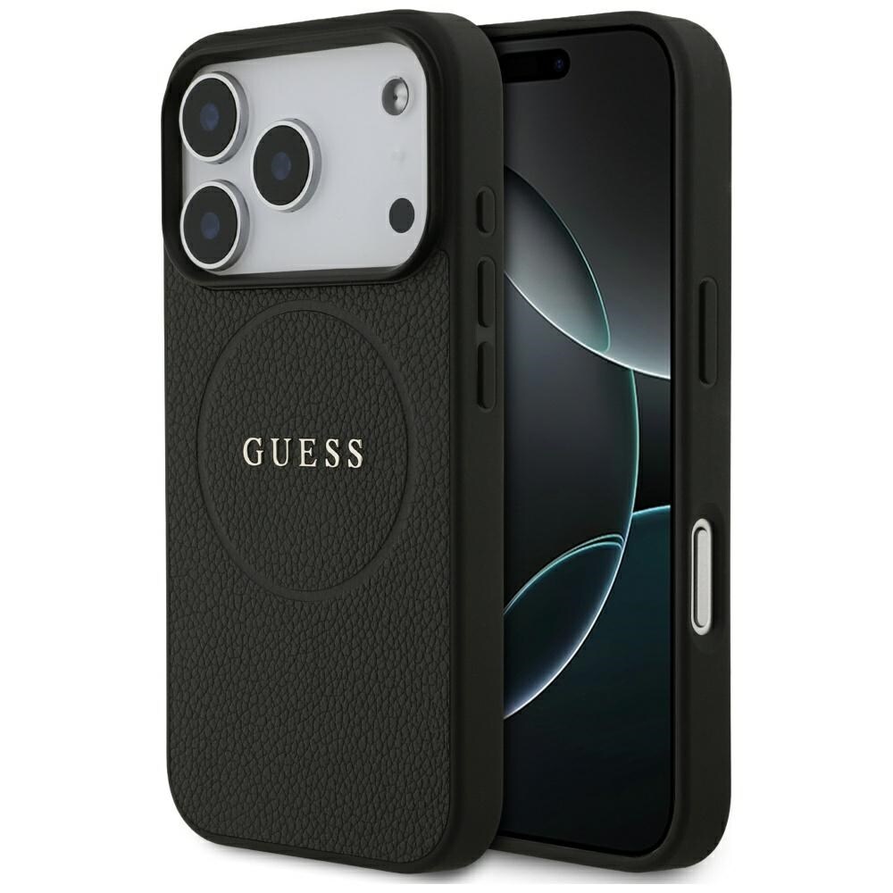 Guess MagSafe-etui med gullring med strukturert overflate til iPhone 18 Pro / 17 Pro – svart