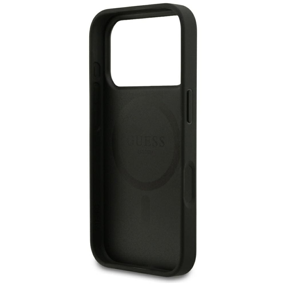 Guess MagSafe-etui med gullring med strukturert overflate til iPhone 18 Pro / 17 Pro – svart