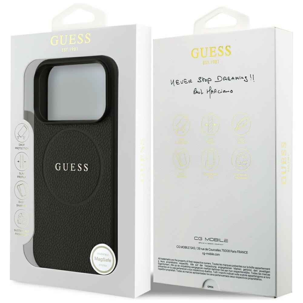 Guess MagSafe-etui med gullring med strukturert overflate til iPhone 18 Pro / 17 Pro – svart