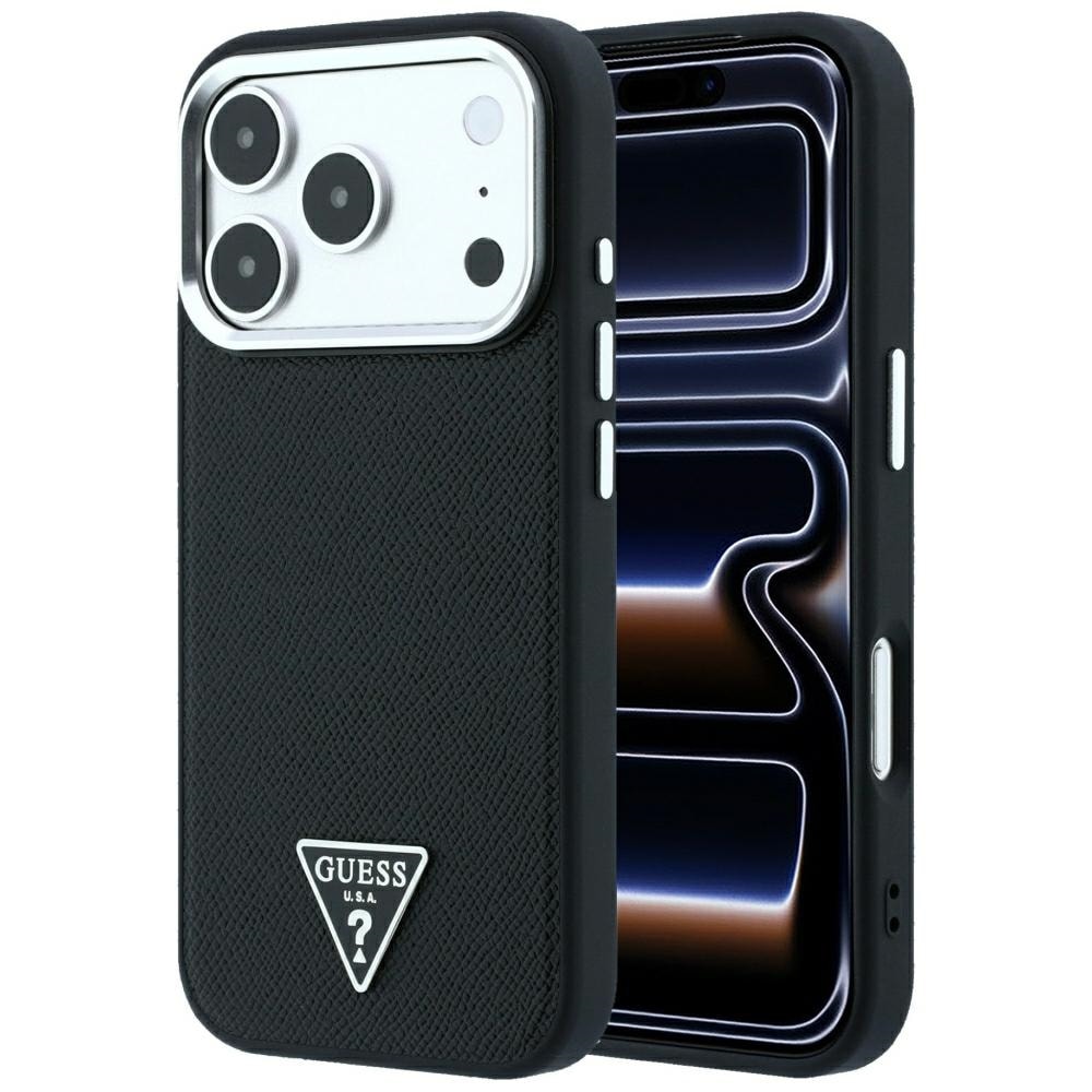 Guess MagSafe-etui med kornet trekantlogo til iPhone 17 Pro / 18 Pro – svart