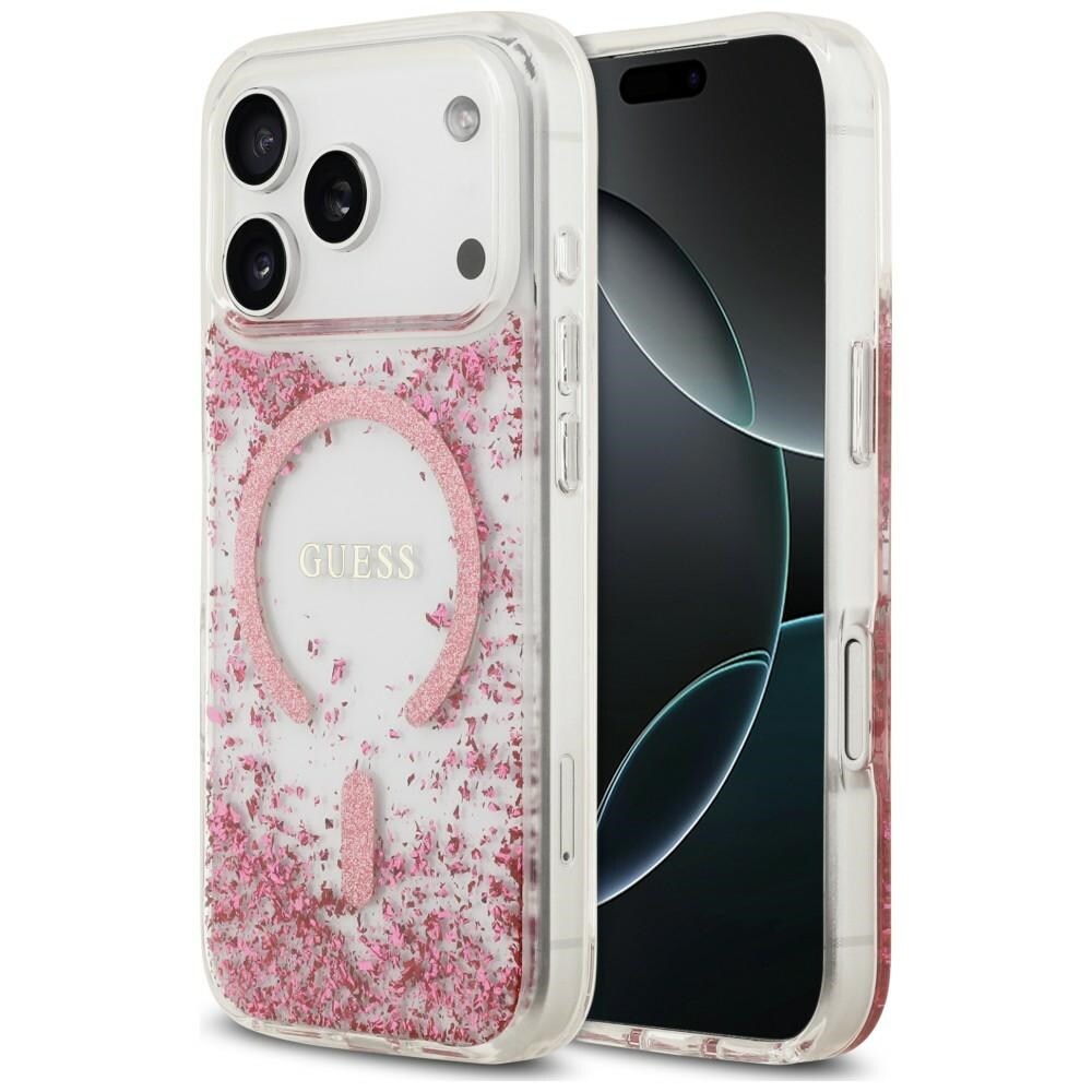 Guess MagSafe-etui med glitter og resinbunn til iPhone 18 Pro Max / 17 Pro Max – rosa