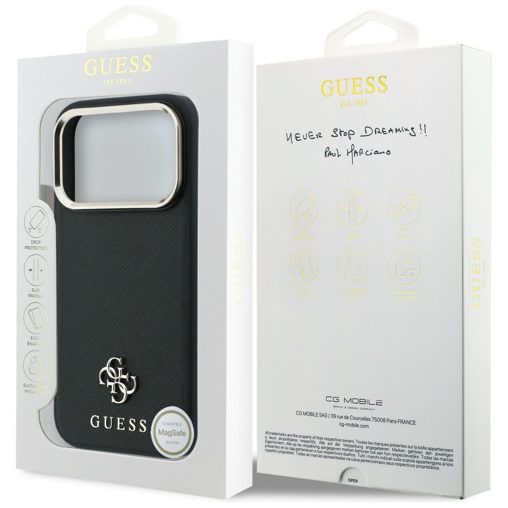 Guess Saffiano Small 4G & Classic Logo MagSafe-etui til iPhone 17 Pro Max / 18 Pro Max – svart