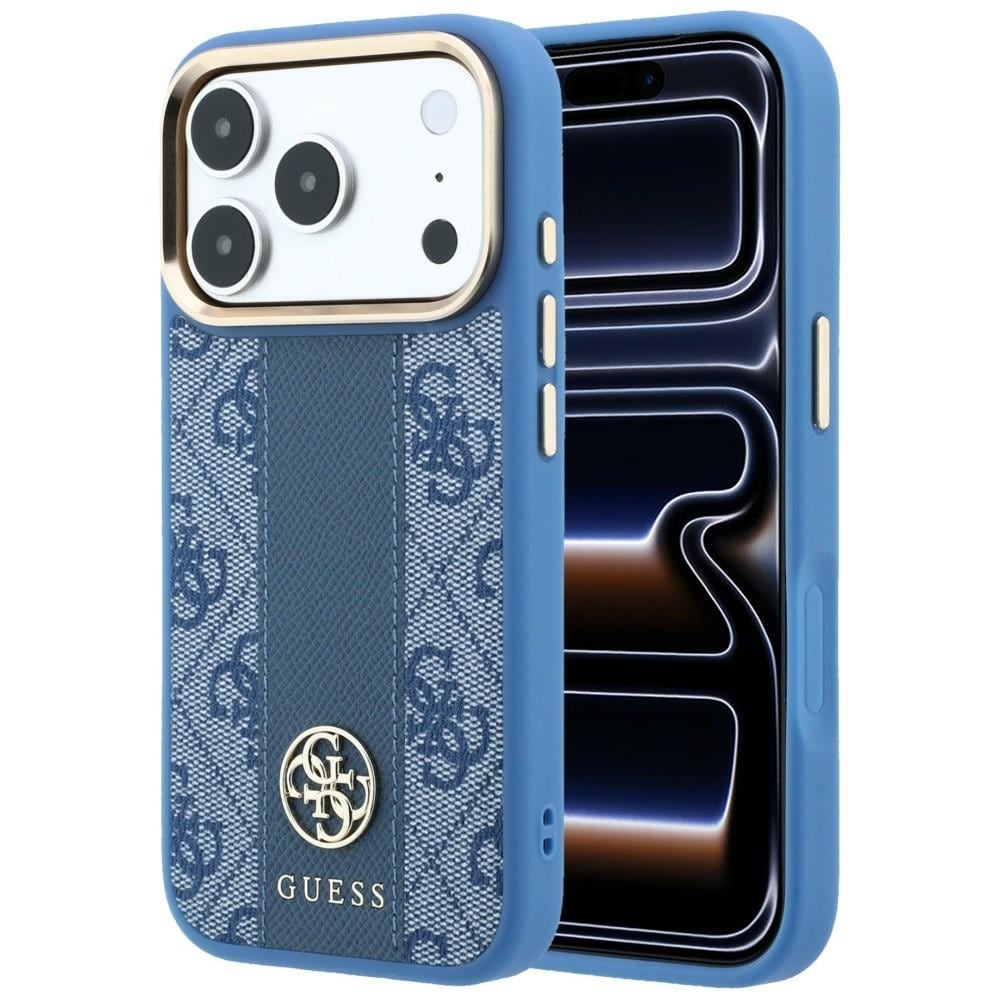 Guess 4G m. Stripe-logoer (runde/Classic) – MagSafe-etui til iPhone 17/18 Pro Max – Blå