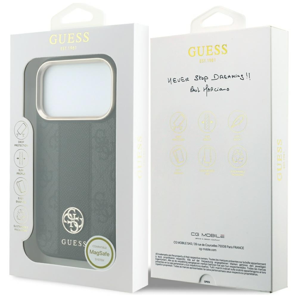 Guess 4G m. Stripe-logo i rund & Classic – MagSafe-etui til iPhone 17 Pro / 18 Pro – svart