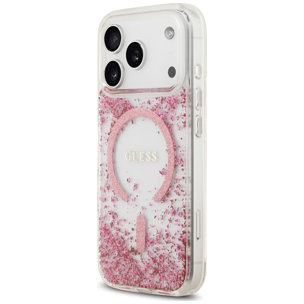 Guess MagSafe-etui med glitter og resinbunn til iPhone 18 Pro / 17 Pro – Rosa