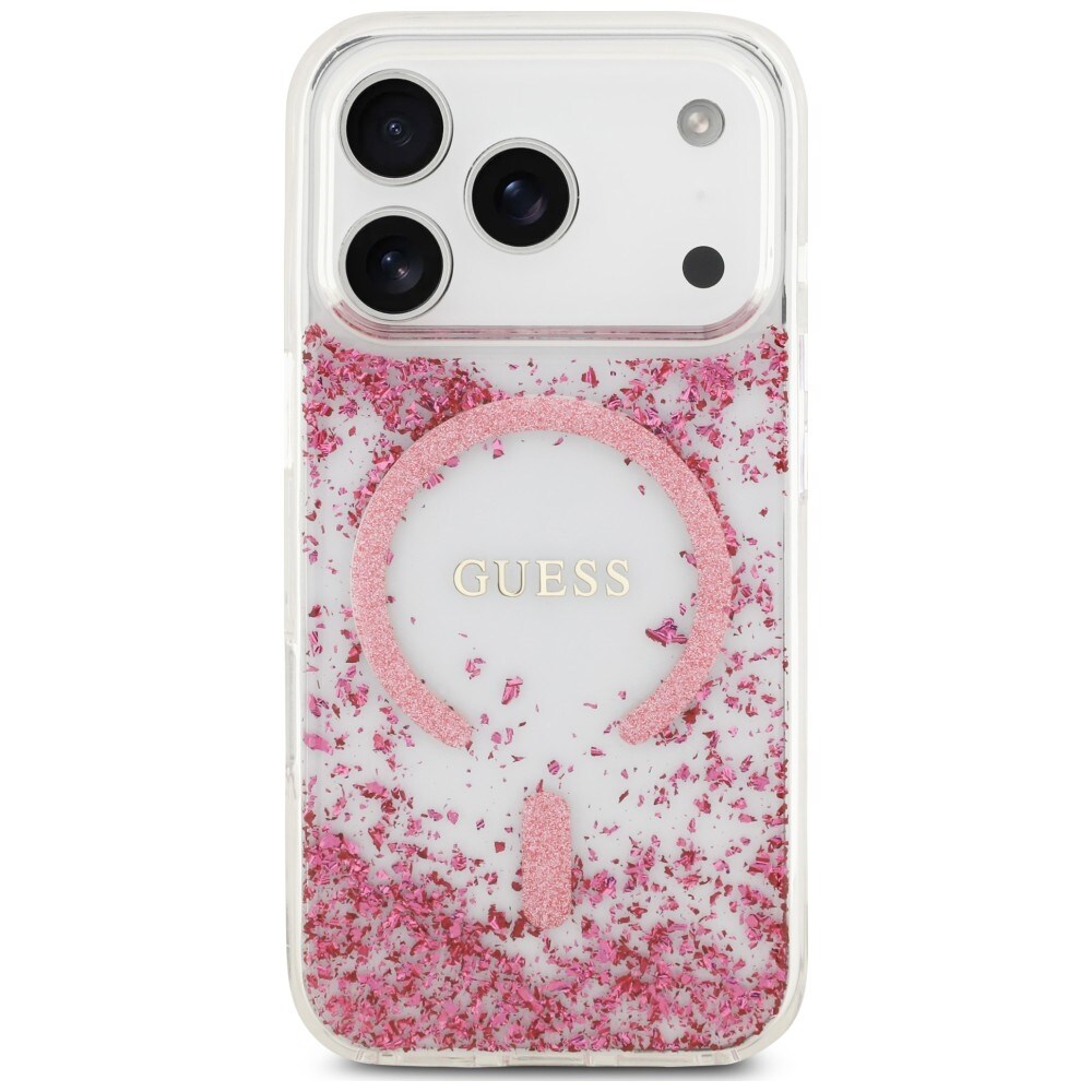 Guess MagSafe-etui med glitter og resinbunn til iPhone 18 Pro / 17 Pro – Rosa