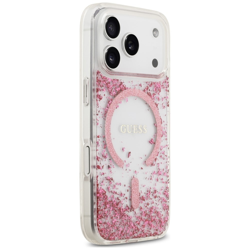 Guess MagSafe-etui med glitter og resinbunn til iPhone 18 Pro / 17 Pro – Rosa