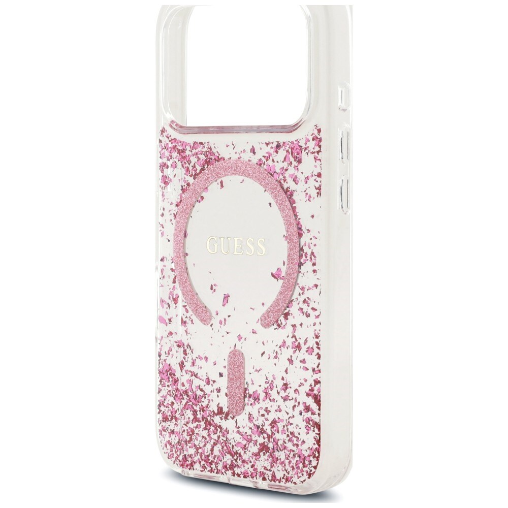 Guess MagSafe-etui med glitter og resinbunn til iPhone 18 Pro / 17 Pro – Rosa