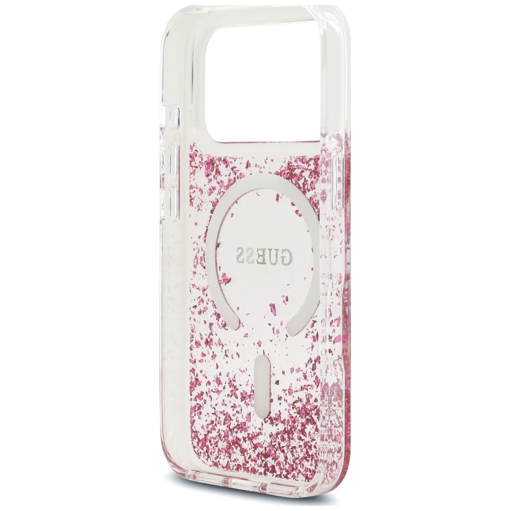 Guess MagSafe-etui med glitter og resinbunn til iPhone 18 Pro / 17 Pro – Rosa