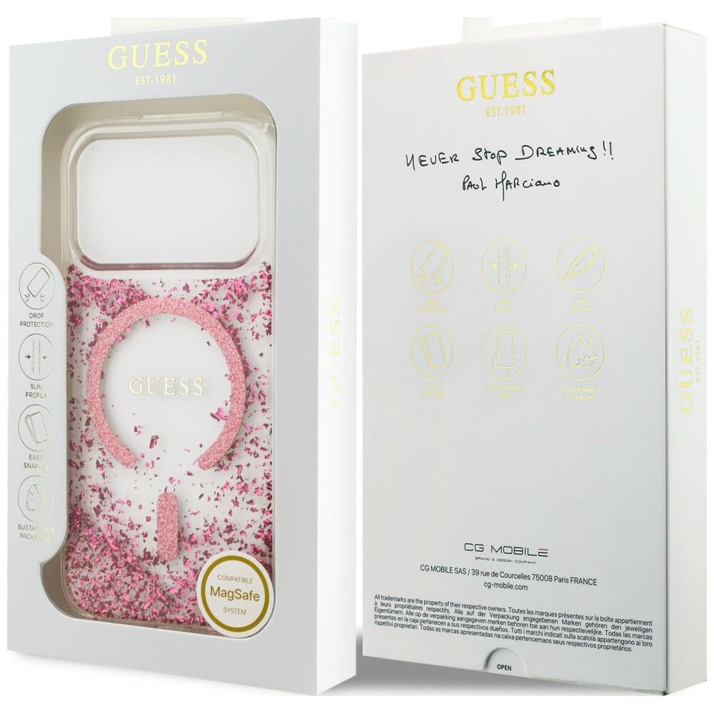 Guess MagSafe-etui med glitter og resinbunn til iPhone 18 Pro / 17 Pro – Rosa