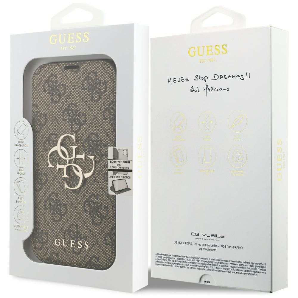 Guess Book 4G metalllogo-etui til iPhone 18 Pro / 17 Pro – brun