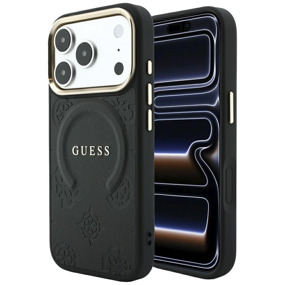 Guess Saffiano Peony & Ring MagSafe-etui til iPhone 17 Pro Max / 18 Pro Max – Svart