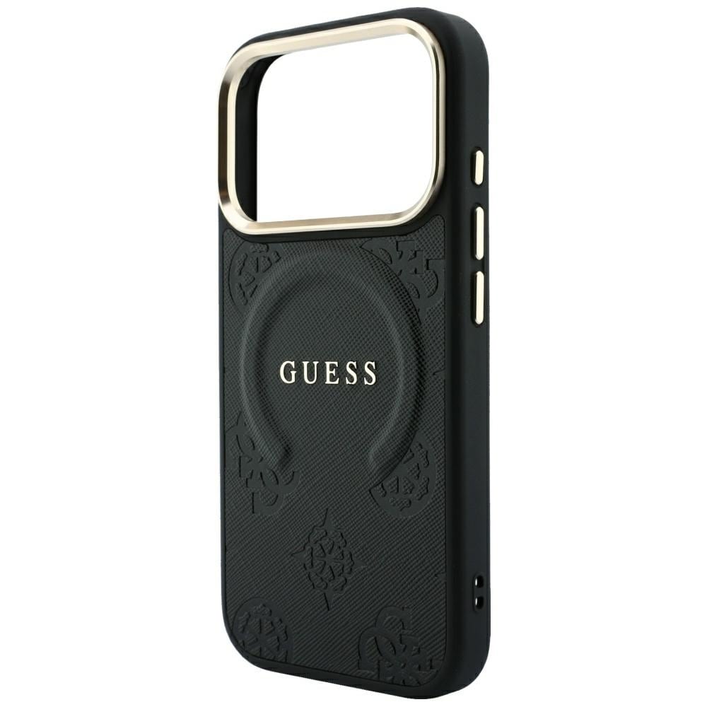 Guess Saffiano Peony & Ring MagSafe-etui til iPhone 17 Pro Max / 18 Pro Max – Svart