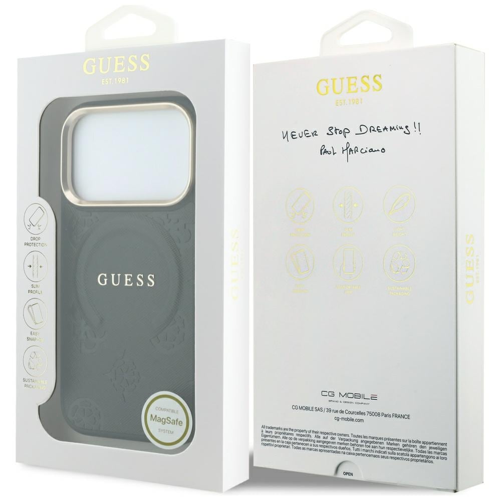 Guess Saffiano Peony & Ring MagSafe-etui til iPhone 17 Pro Max / 18 Pro Max – Svart