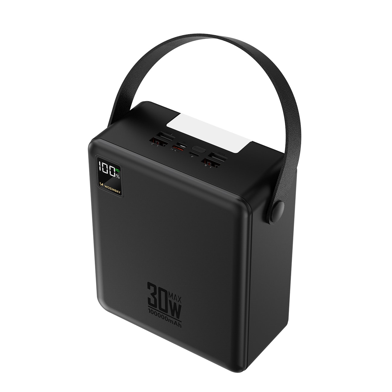 Wozinsky W8-B 100 000 mAh 30 W powerbank med 2 x USB-A og 2 x USB-C samt lommelykt – svart