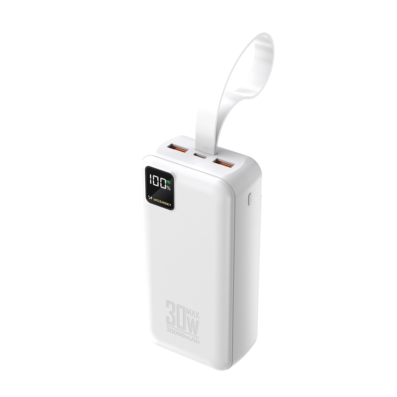 Wozinsky W8-W 30 000 mAh 30 W powerbank med 2 x USB-A- og USB-C-porter samt lommelykt – hvit