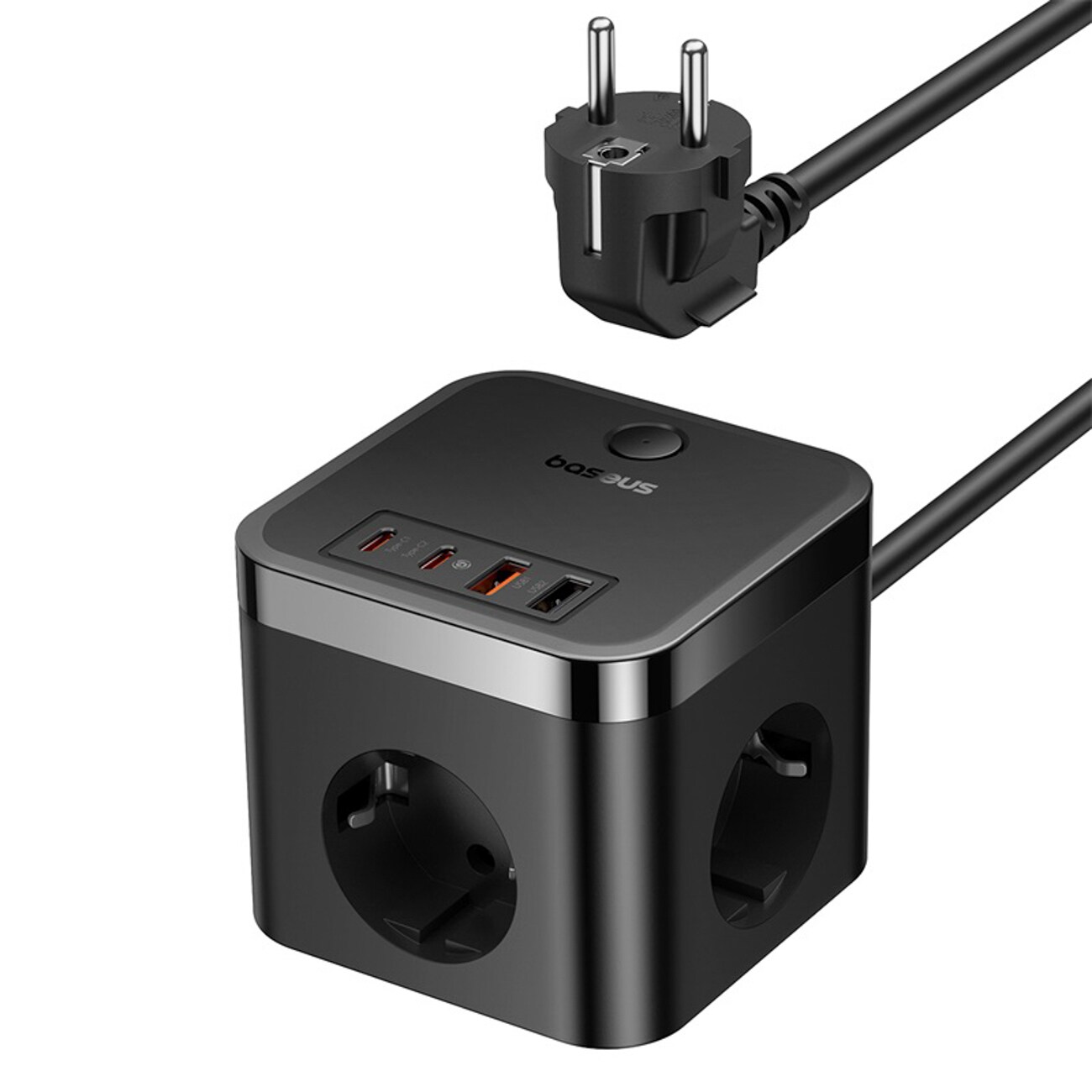 Baseus PowerCombo Cube 30 W stikkontaktblokk m/3 AC, 2 USB-A og 2 USB-C, 1,5 m – svart