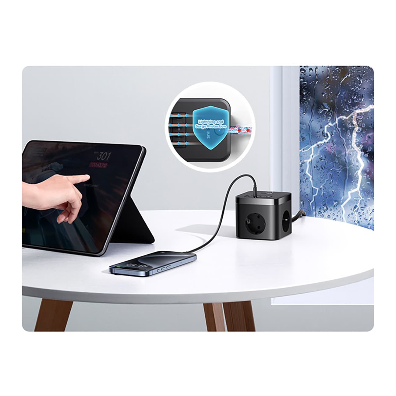 Baseus PowerCombo Cube 30 W stikkontaktblokk m/3 AC, 2 USB-A og 2 USB-C, 1,5 m – svart