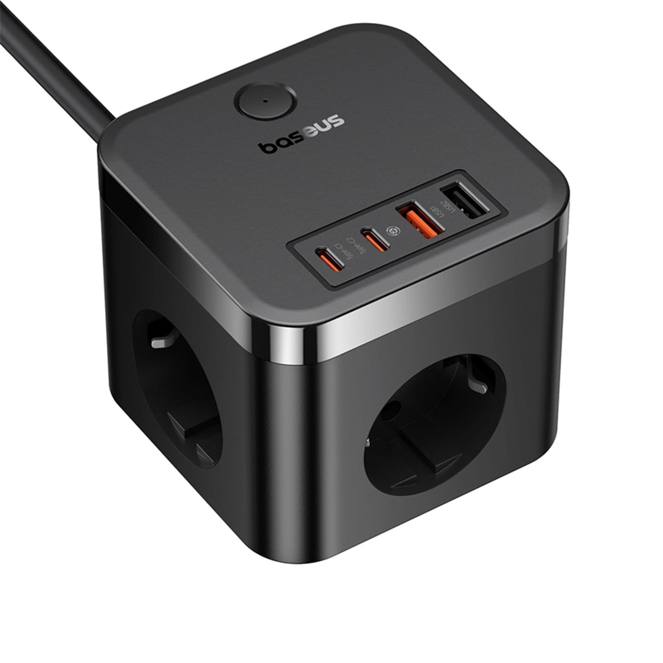 Baseus PowerCombo Cube 30 W stikkontaktblokk m/3 AC, 2 USB-A og 2 USB-C, 1,5 m – svart
