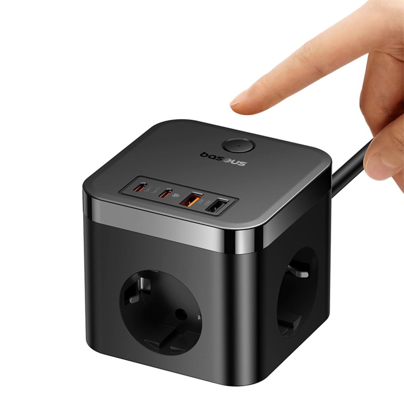 Baseus PowerCombo Cube 30 W stikkontaktblokk m/3 AC, 2 USB-A og 2 USB-C, 1,5 m – svart