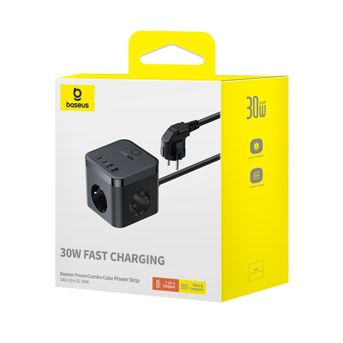 Baseus PowerCombo Cube 30 W stikkontaktblokk m/3 AC, 2 USB-A og 2 USB-C, 1,5 m – svart