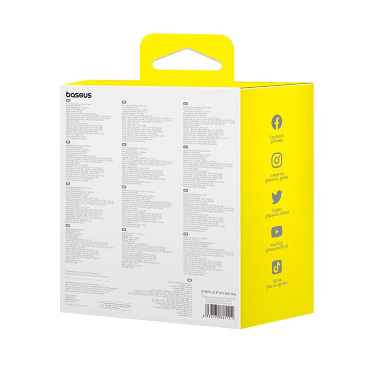 Baseus PowerCombo Cube 30 W stikkontaktblokk m/3 AC, 2 USB-A og 2 USB-C, 1,5 m – svart