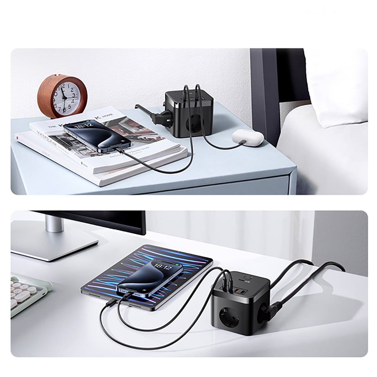 Baseus PowerCombo Cube 30 W stikkontaktblokk m/3 AC, 2 USB-A og 2 USB-C, 1,5 m – svart