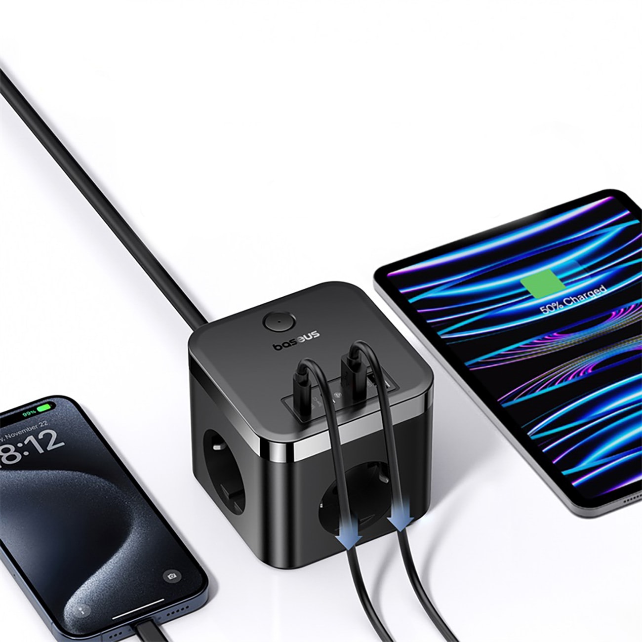 Baseus PowerCombo Cube 30 W stikkontaktblokk m/3 AC, 2 USB-A og 2 USB-C, 1,5 m – svart