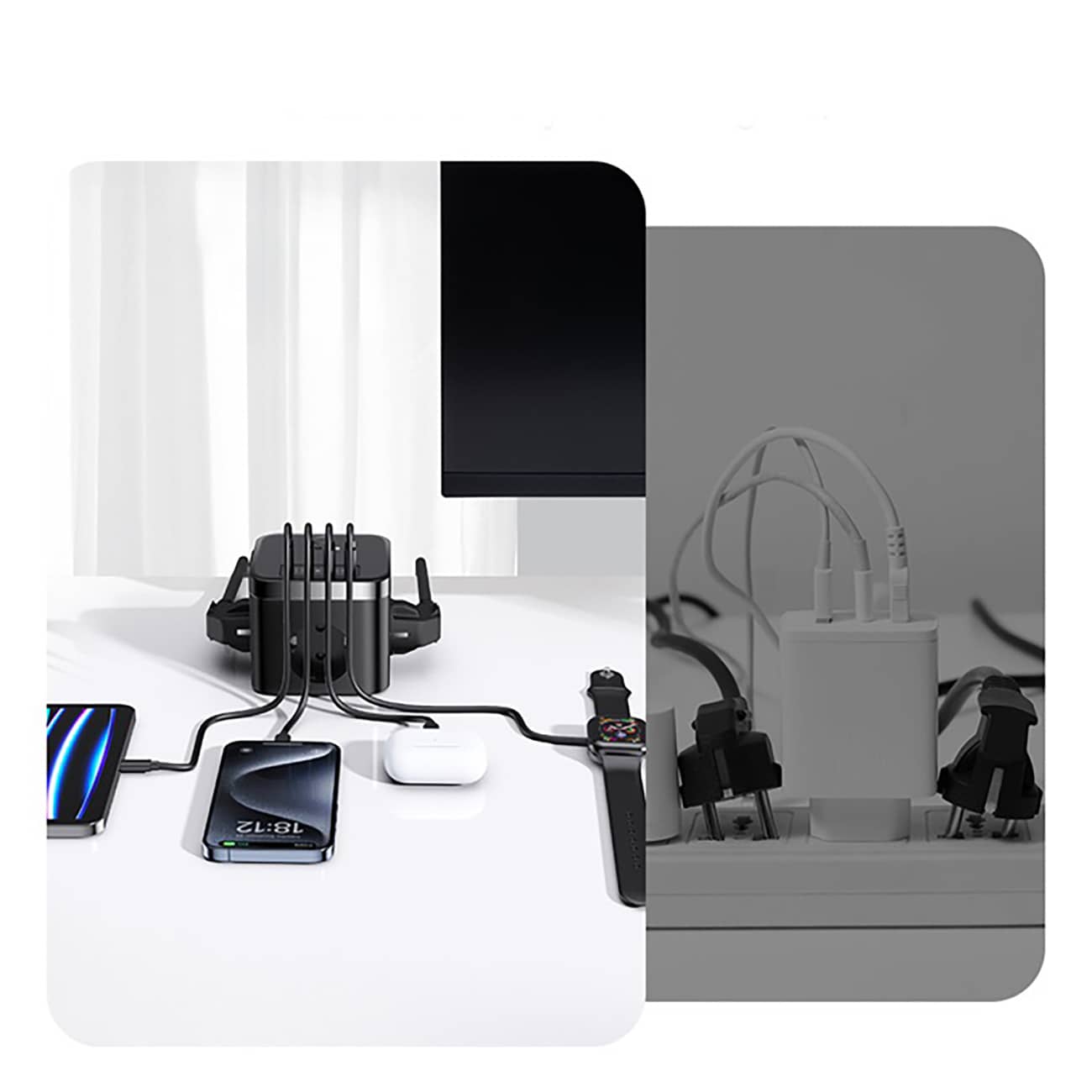 Baseus PowerCombo Cube 30 W stikkontaktblokk m/3 AC, 2 USB-A og 2 USB-C, 1,5 m – svart