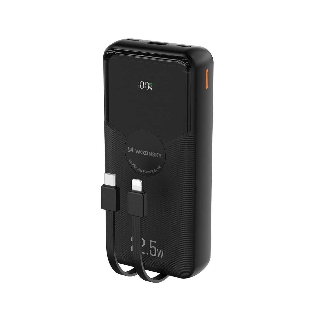 Wozinsky WFC-15B 20 000 mAh 22,5 W PD20W powerbank med innebygde Lightning- og USB-C-kabler – svart
