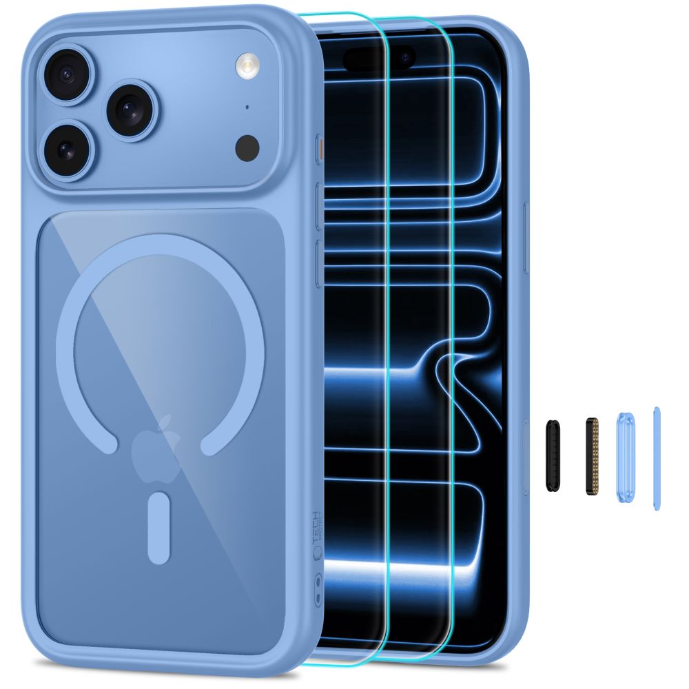 Tech-Protect MagOne CC MagSafe-etui + herdet glass, 2-pakning iPhone 18/17 Pro Max – Klarblå