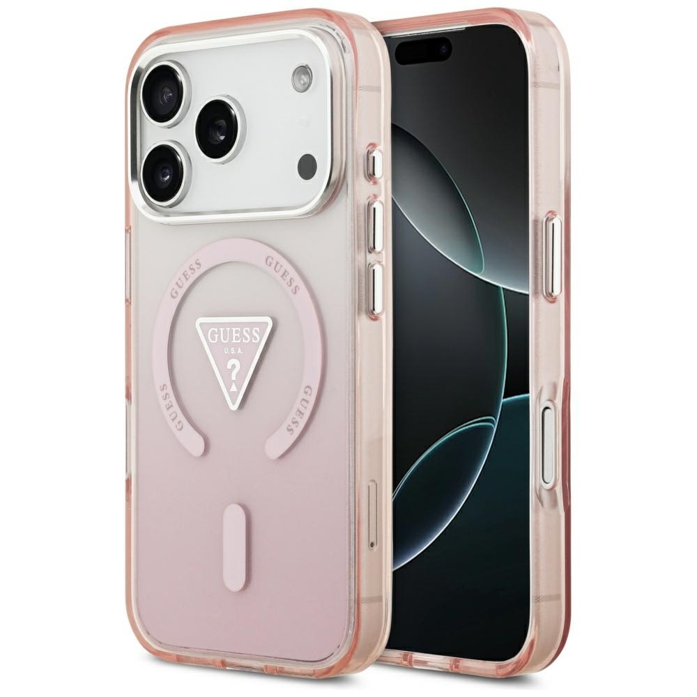 Guess IML-etui med gradient-trekantlogo og MagSafe-funksjon til iPhone 17 Pro – rosa